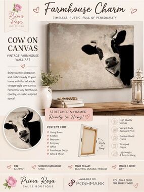 A Cow on Canvas Vintage Farmhouse Animals ,Ready to Hang,8x12in